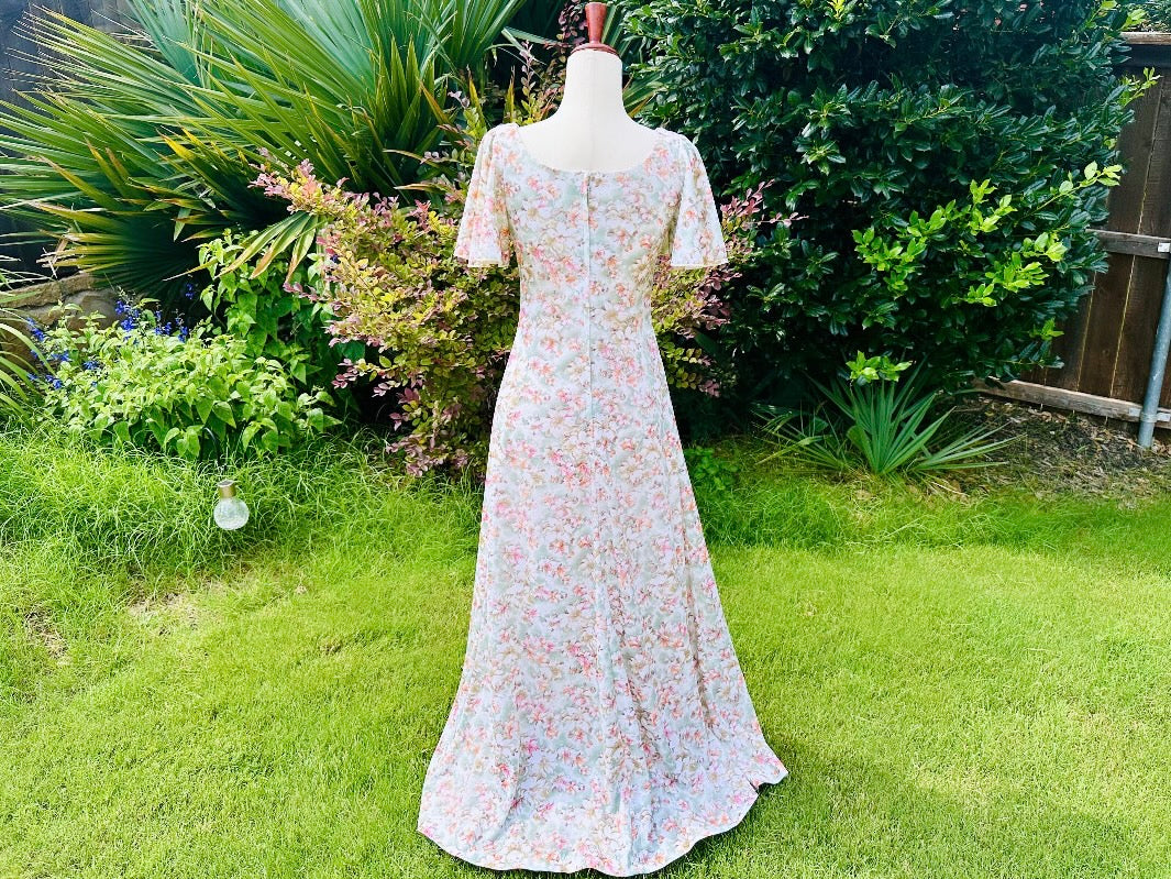 Vintage 1960s Dress, Orange + Pink Floral Nancy G Flower Maxi Dress, Whimsical Summer Long Dress Empire Waist V-Neck, Flutter Sleeves