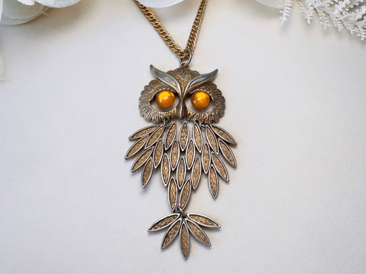 Gold Owl Pendant Necklace, Vintage 1970s Articulated Statement Necklace