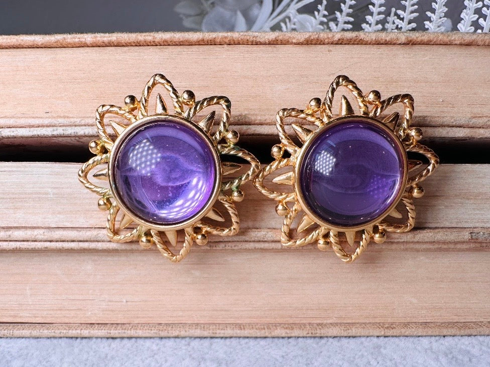 Purple Trifari Jelly Belly Sun Earrings, Rare Moonglow Violet Domed Glass Earrings