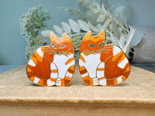Vintage Cat Earrings, Big Orange Cat Earrings, 1980s MEOW Signed Designer Enamel Clip On Earrings, Whimsical Kitschy 80s Clip-Ons NonPierced