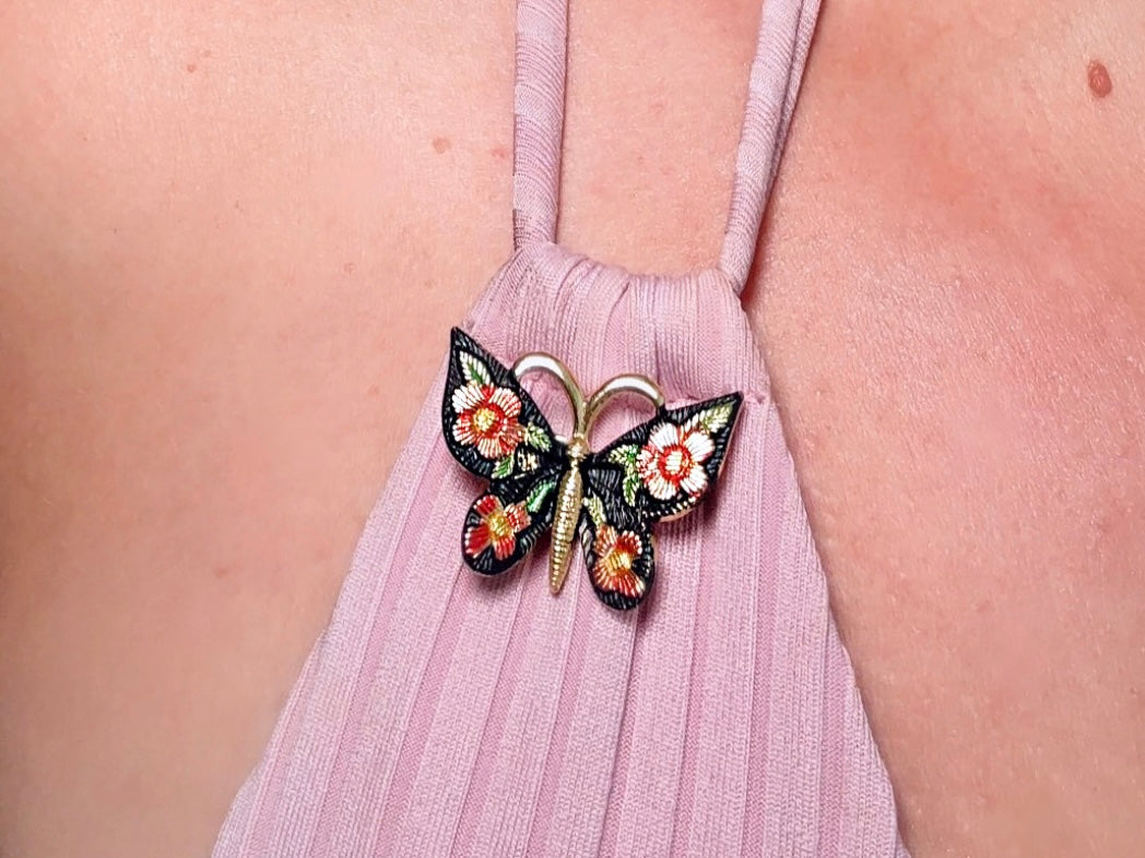 Vintage Butterfly Brooch, Pretty Vintage Enamel Butterfly Pin, Beautiful Pink, Green and Gold Tone Butterfly Broach, Spring Fashion