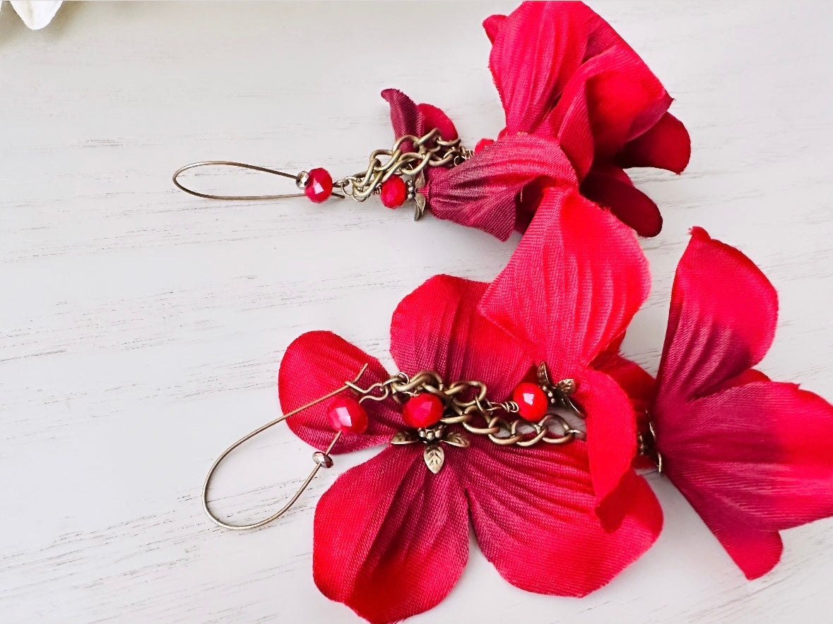 Red Hydrangea Earrings, Handmade Whimsical Fabric Flower Earrings, Unique Christmas Red Earrings, Dramatic Oversized Red Faerie Earrings