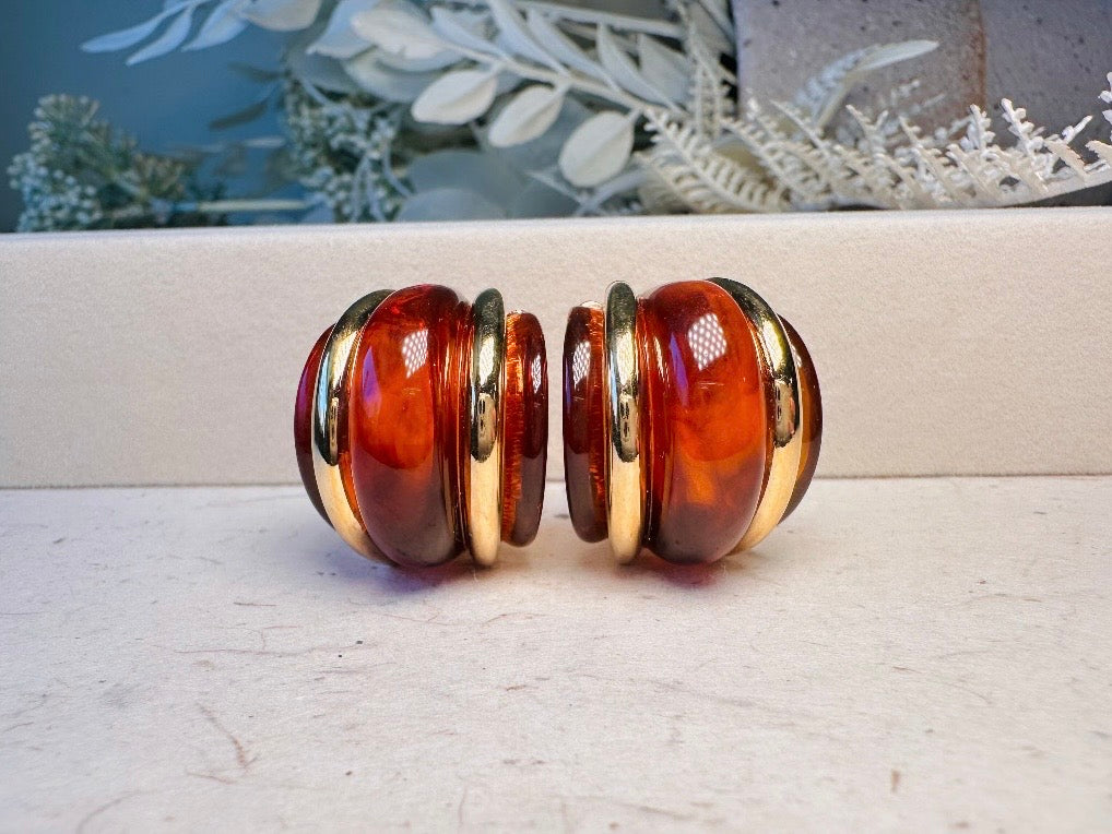 KJL Vintage Amber Lucite Double Ribbed Huggie Earrings