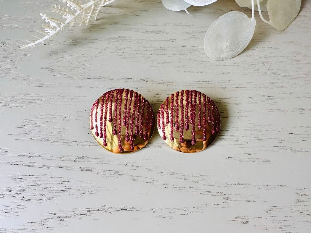 Vintage Red Glitter and Gold Earrings, 1980s Pierced Post Earrings, Gold Disc Earrings with Dripping Glitter, Authentic VTG Designer LA Rage