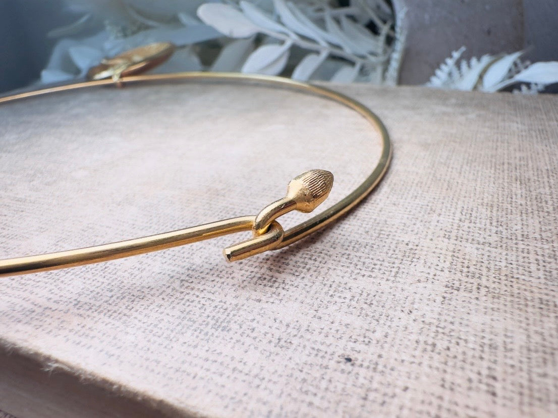 Capricorn Zodiac Necklace, Rare Signed Crown Trifari Designer Matte Gold Hoop Choker Astrology Necklace