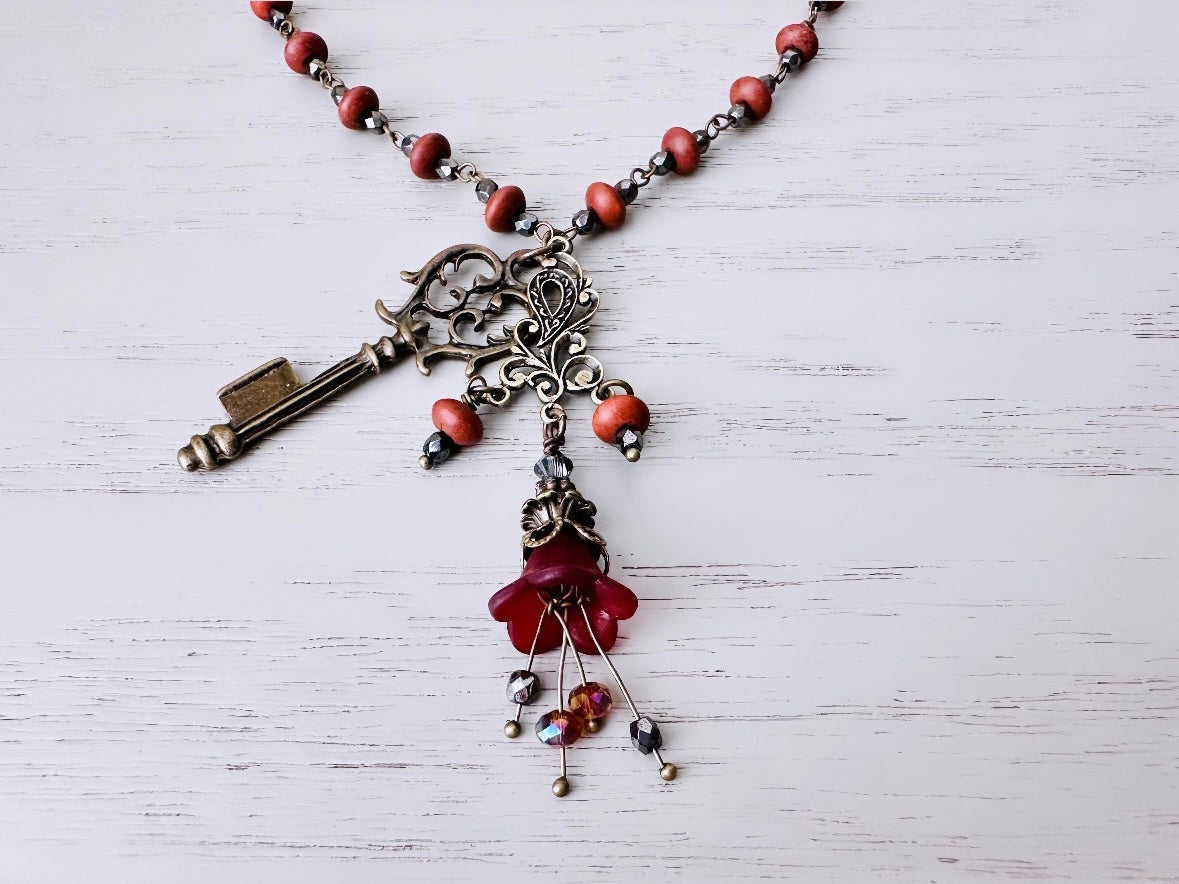 Victorian Flower Rosary Necklace in Chocolate Cherry w Swarovski Topaz Crystals, Hematite Stones + Bronze Skeleton Key Lucite Charm Necklace