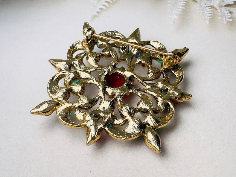 Vintage Maltese Cross Brooch Pin, Ornate Byzantine Jewel Tone Glass Cabochons, Faux Pearls & Intricate Gold Tone Openwork Filigree