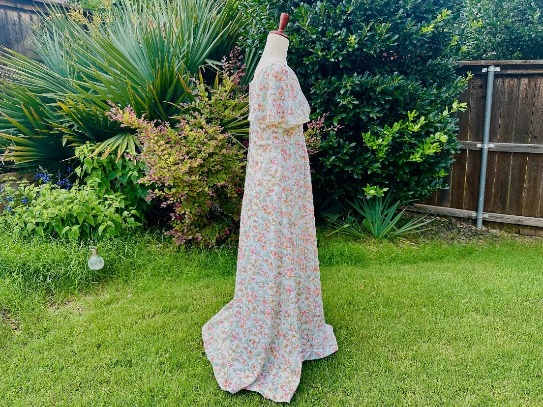 Vintage 1960s Dress, Orange + Pink Floral Nancy G Flower Maxi Dress, Whimsical Summer Long Dress Empire Waist V-Neck, Flutter Sleeves