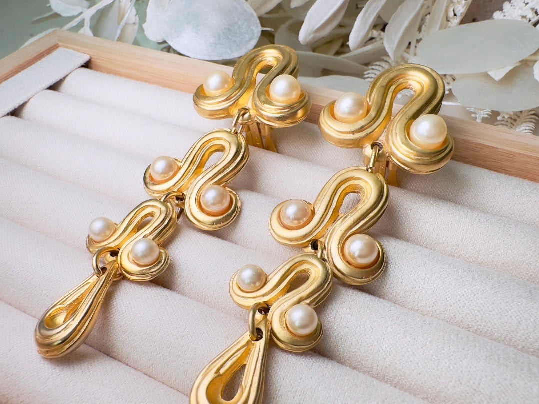 Vintage Blanca Designer Pearl Drop Oversized Matte Gold Clip On Earrings