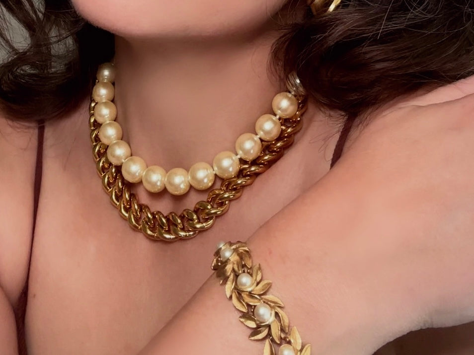 Vintage Carolee Necklace, Double Strand Pearl and Gold Chain Necklace with Intricate Scroll Detail and Hook Closure, Etruscan Pearl Necklace