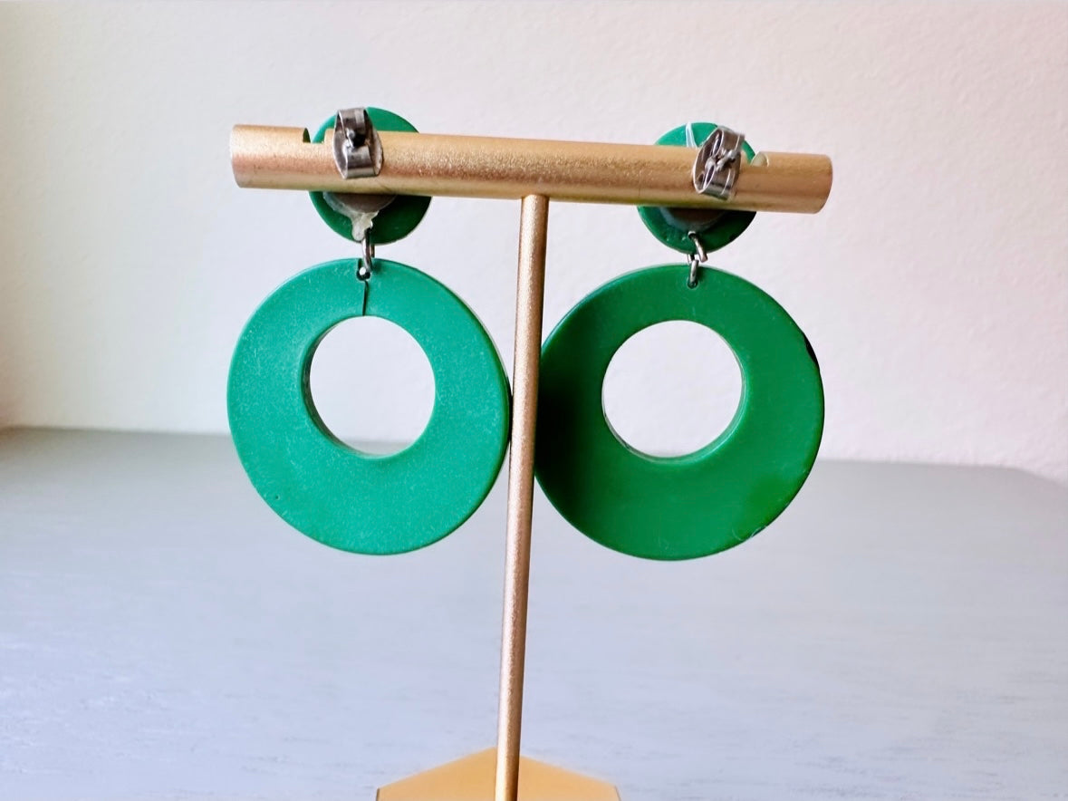 Vintage Green Acrylic Hoop Earrings with Hot Pink, Yellow and Black Geometric Abstracts Doorknocker Earrings, Midsized Funky Retro Earrings