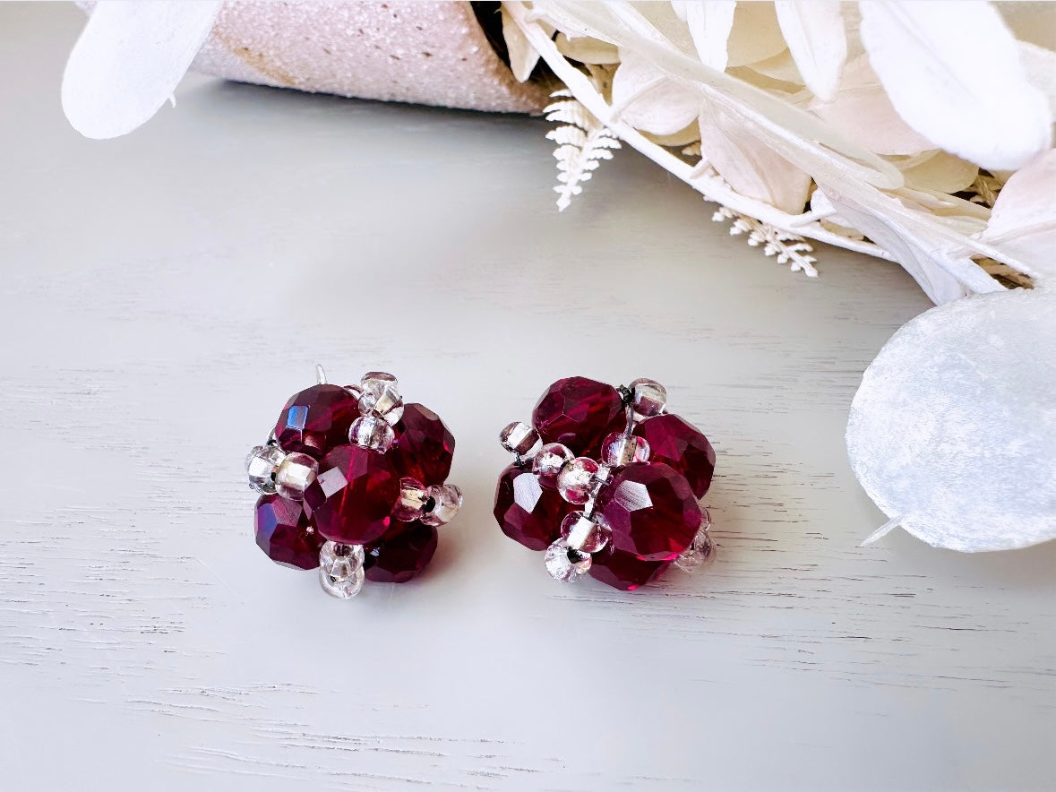Red Vintage Marvella Beaded Cluster Earrings, Faceted Deep Ruby Red Vintage Earrings, Glass Woven Bead Popcorn Style 1950s Clip On Earrings by Piggle and Pop a woman owned Texas based boutique in Frisco.