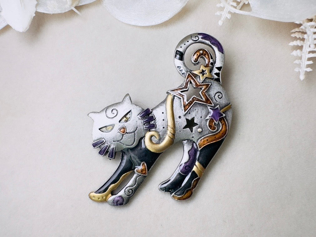 Vintage Cat Brooch, Celestial Pewter Brooch with Enamel Star Accents