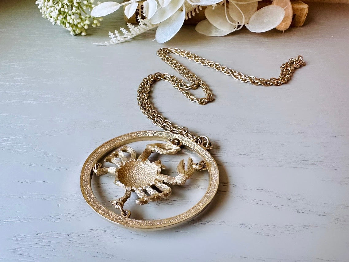 Vintage Cancer Zodiac Necklace, Star Sign Astrology Necklace, Unique Birthday Necklace, 30" Long Gold Pendant Necklace Vintage Astrology