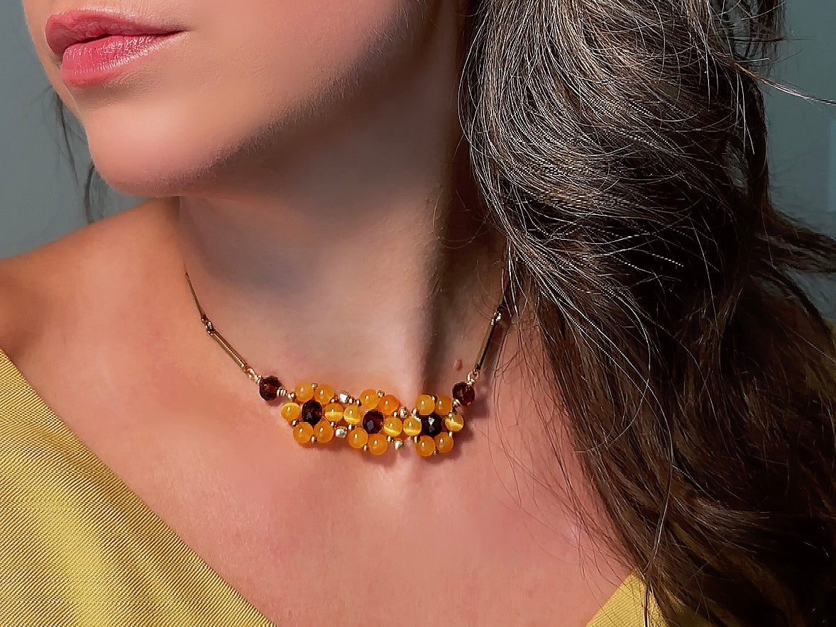 Beaded Daisy Necklace with Golden Cats Eye Beads and Topaz Crystals, Handmade Vintage Chain Flower Choker Necklace