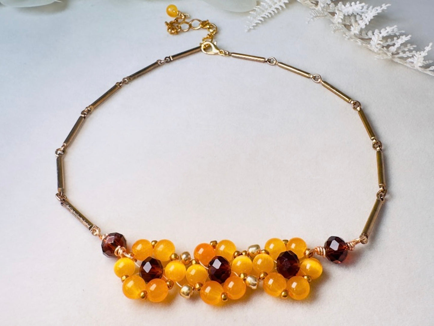 Beaded Daisy Necklace with Golden Cats Eye Beads and Topaz Crystals, Handmade Vintage Chain Flower Choker Necklace