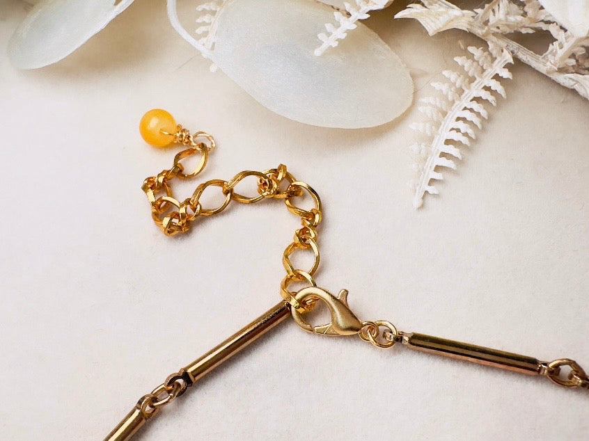 Beaded Daisy Necklace with Golden Cats Eye Beads and Topaz Crystals, Handmade Vintage Chain Flower Choker Necklace
