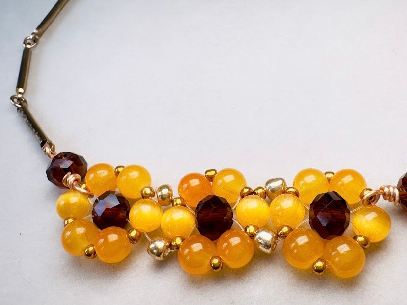Beaded Daisy Necklace with Golden Cats Eye Beads and Topaz Crystals, Handmade Vintage Chain Flower Choker Necklace
