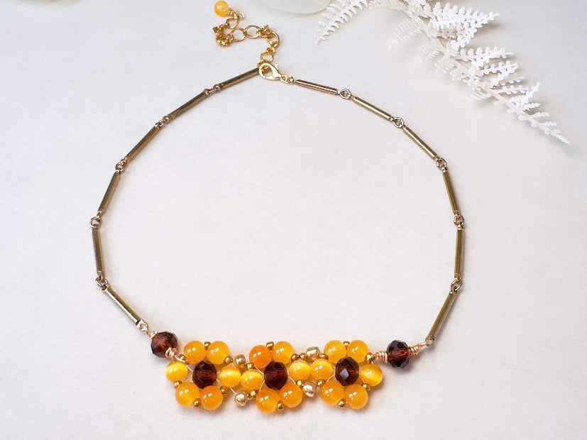 Beaded Daisy Necklace with Golden Cats Eye Beads and Topaz Crystals, Handmade Vintage Chain Flower Choker Necklace