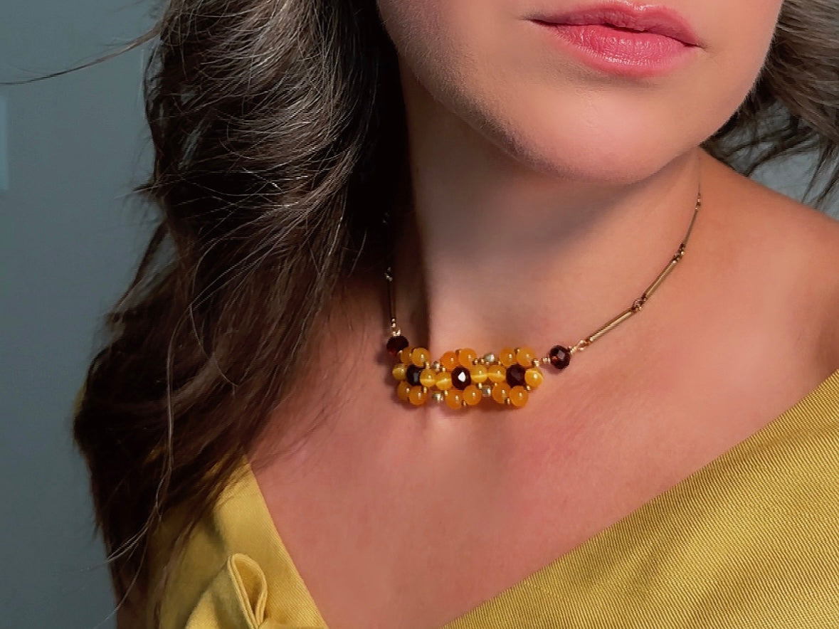 Beaded Daisy Necklace with Golden Cats Eye Beads and Topaz Crystals, Handmade Vintage Chain Flower Choker Necklace