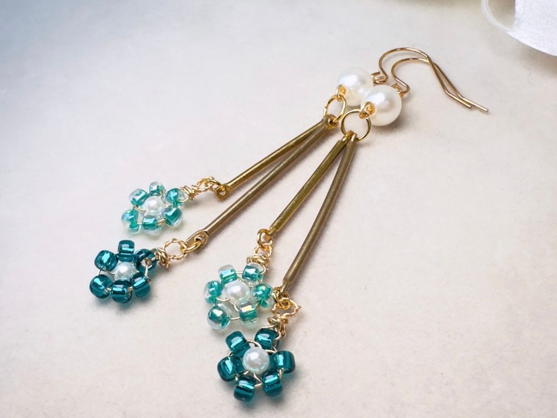 Beaded Flower Earrings with Pearls, Handmade Aqua and Teal Wire Wrapped Drop Earrings