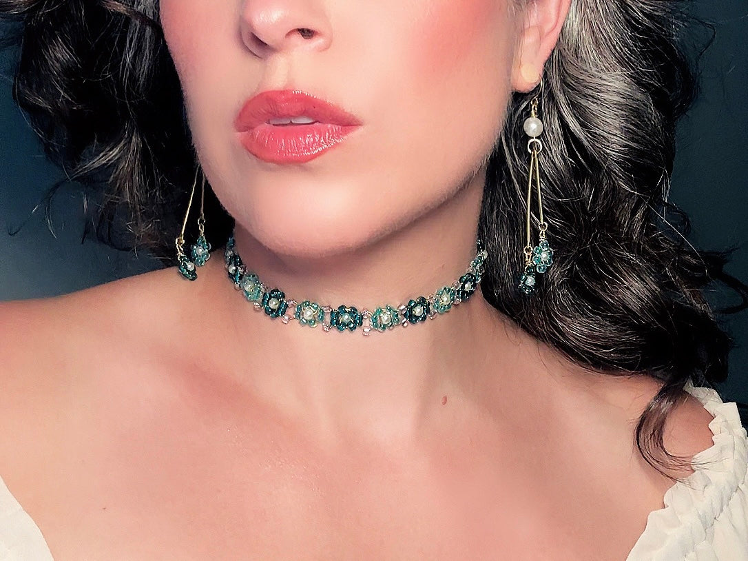 Beaded Flower Earrings with Pearls, Handmade Aqua and Teal Wire Wrapped Drop Earrings