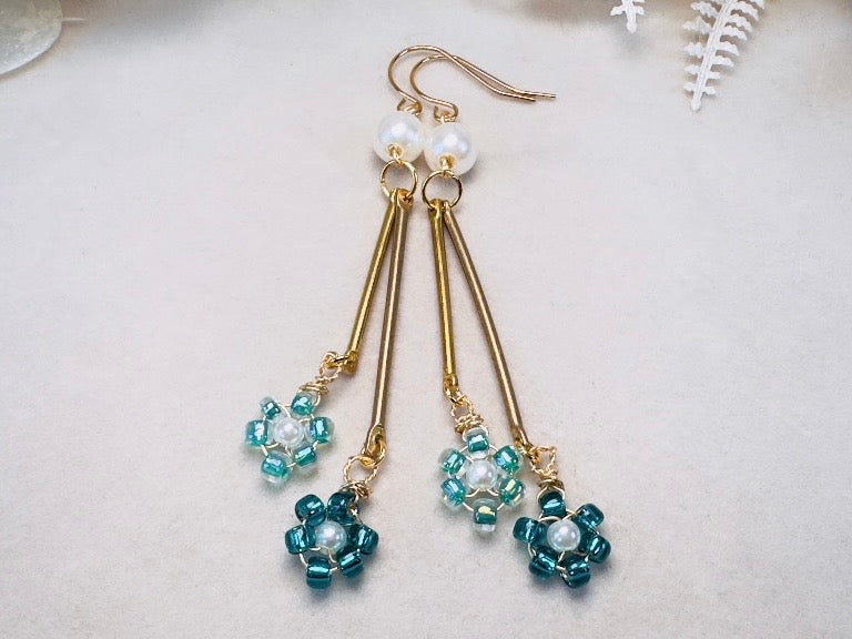 Beaded Flower Earrings with Pearls, Handmade Aqua and Teal Wire Wrapped Drop Earrings