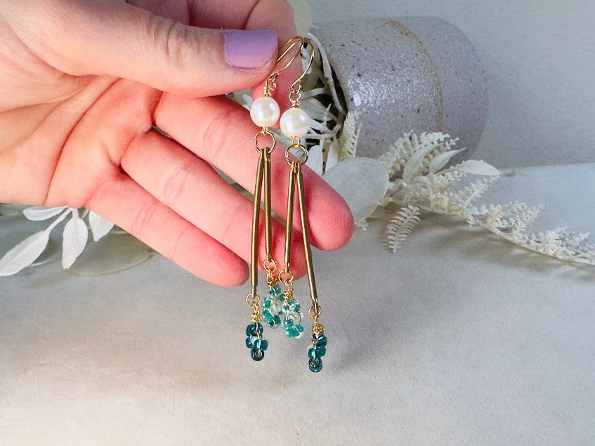 Beaded Flower Earrings with Pearls, Handmade Aqua and Teal Wire Wrapped Drop Earrings