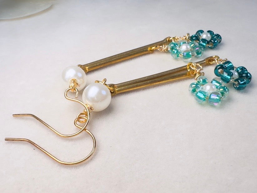 Beaded Flower Earrings with Pearls, Handmade Aqua and Teal Wire Wrapped Drop Earrings