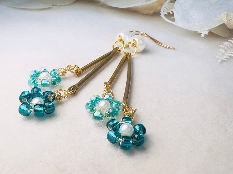 Beaded Flower Earrings with Pearls, Handmade Aqua and Teal Wire Wrapped Drop Earrings