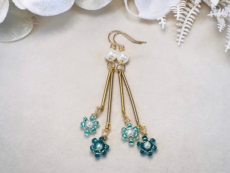 Beaded Flower Earrings with Pearls, Handmade Aqua and Teal Wire Wrapped Drop Earrings