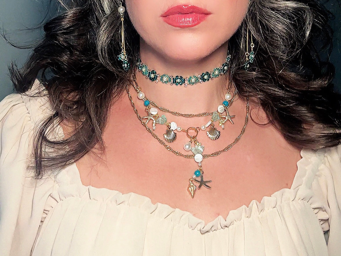 Beaded Flower Earrings with Pearls, Handmade Aqua and Teal Wire Wrapped Drop Earrings