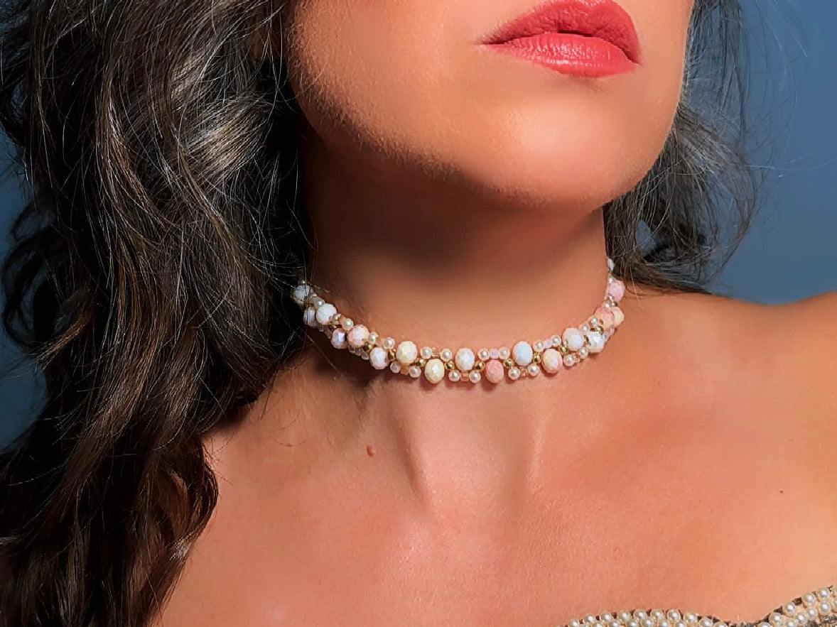 Beaded Pearl Choker Necklace, Handmade Ombre Crystal Woven Necklace in Pink, Gold and Cream