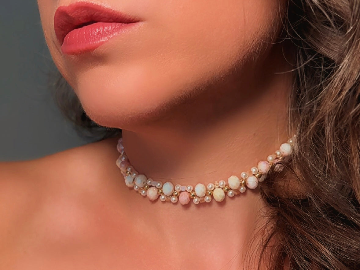 Beaded Pearl Choker Necklace, Handmade Ombre Crystal Woven Necklace in Pink, Gold and Cream