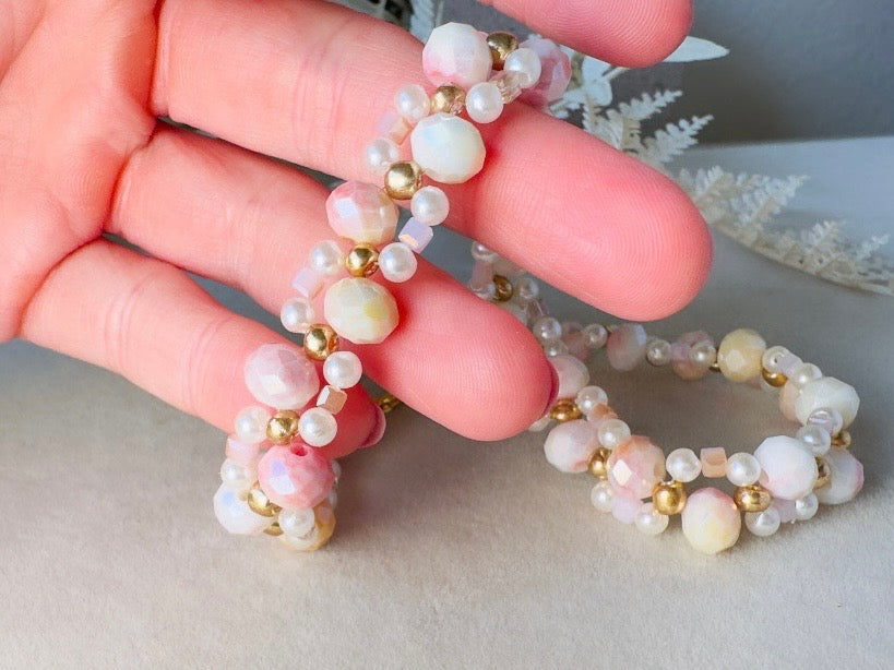 Beaded Pearl Choker Necklace, Handmade Ombre Crystal Woven Necklace in Pink, Gold and Cream