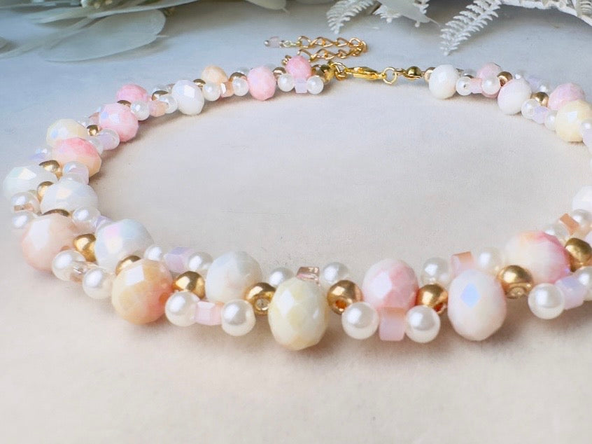 Beaded Pearl Choker Necklace, Handmade Ombre Crystal Woven Necklace in Pink, Gold and Cream