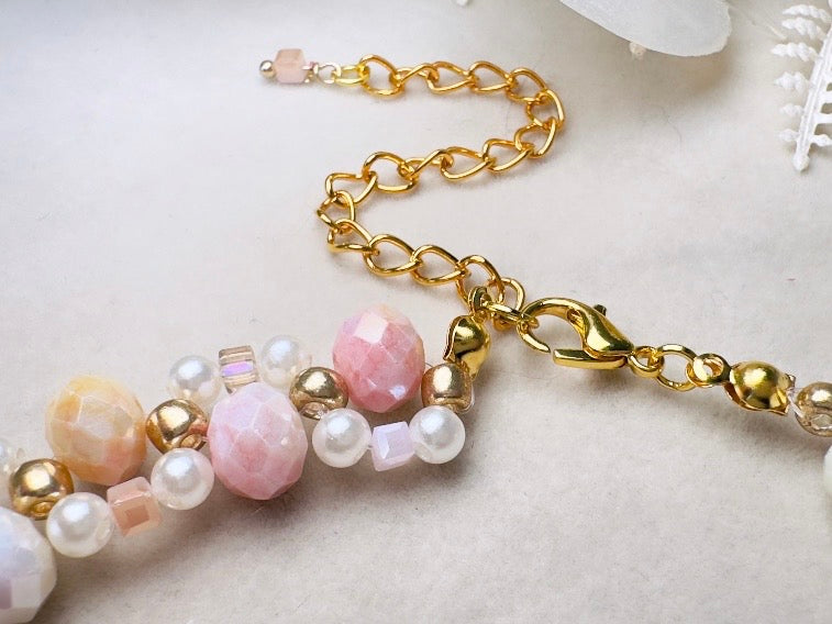 Beaded Pearl Choker Necklace, Handmade Ombre Crystal Woven Necklace in Pink, Gold and Cream