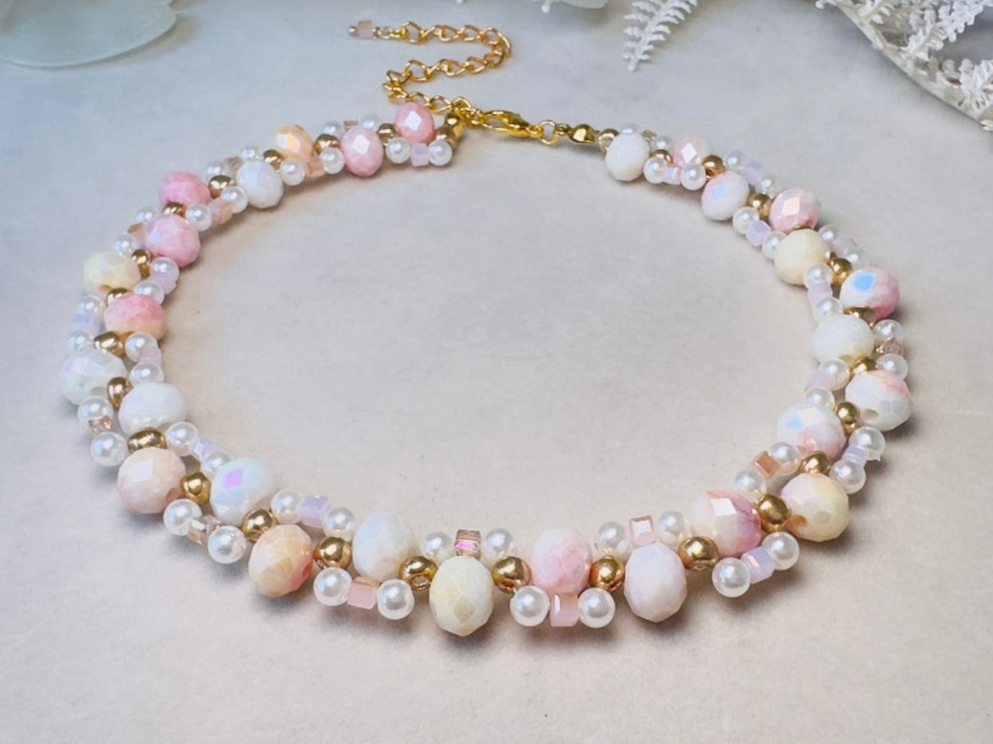 Beaded Pearl Choker Necklace, Handmade Ombre Crystal Woven Necklace in Pink, Gold and Cream