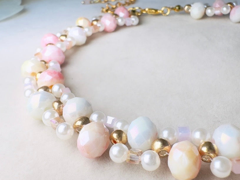 Beaded Pearl Choker Necklace, Handmade Ombre Crystal Woven Necklace in Pink, Gold and Cream