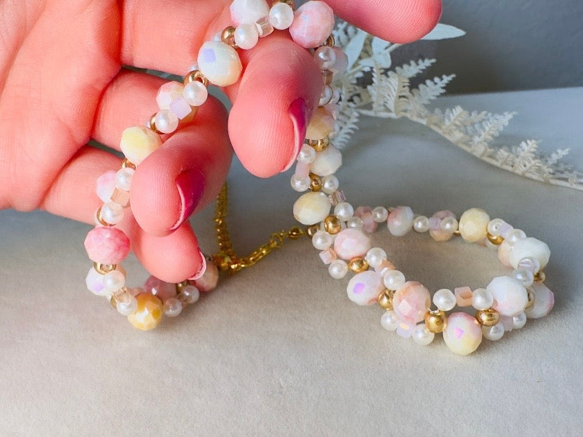 Beaded Pearl Choker Necklace, Handmade Ombre Crystal Woven Necklace in Pink, Gold and Cream