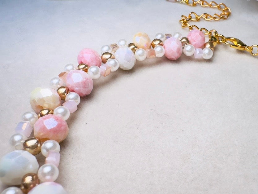 Beaded Pearl Choker Necklace, Handmade Ombre Crystal Woven Necklace in Pink, Gold and Cream