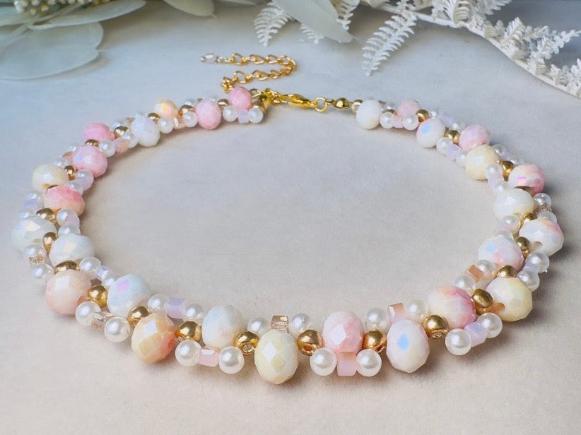 Beaded Pearl Choker Necklace, Handmade Ombre Crystal Woven Necklace in Pink, Gold and Cream