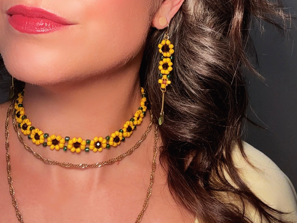 Beaded Sunflower Earrings, Handmade Cascading Yellow Flower Dangle Earrings