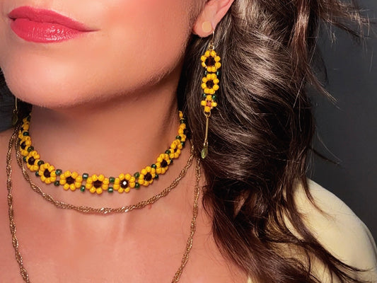 Beaded Sunflower Earrings, Handmade Cascading Yellow Flower Dangle Earrings