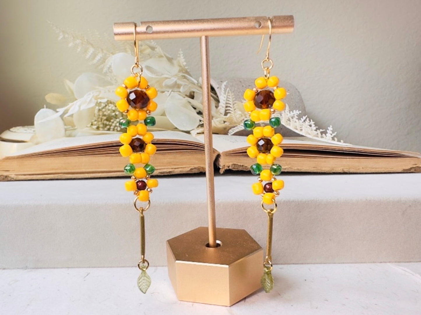 Beaded Sunflower Earrings, Handmade Cascading Yellow Flower Dangle Earrings