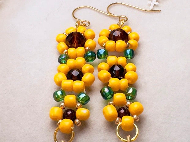 Beaded Sunflower Earrings, Handmade Cascading Yellow Flower Dangle Earrings