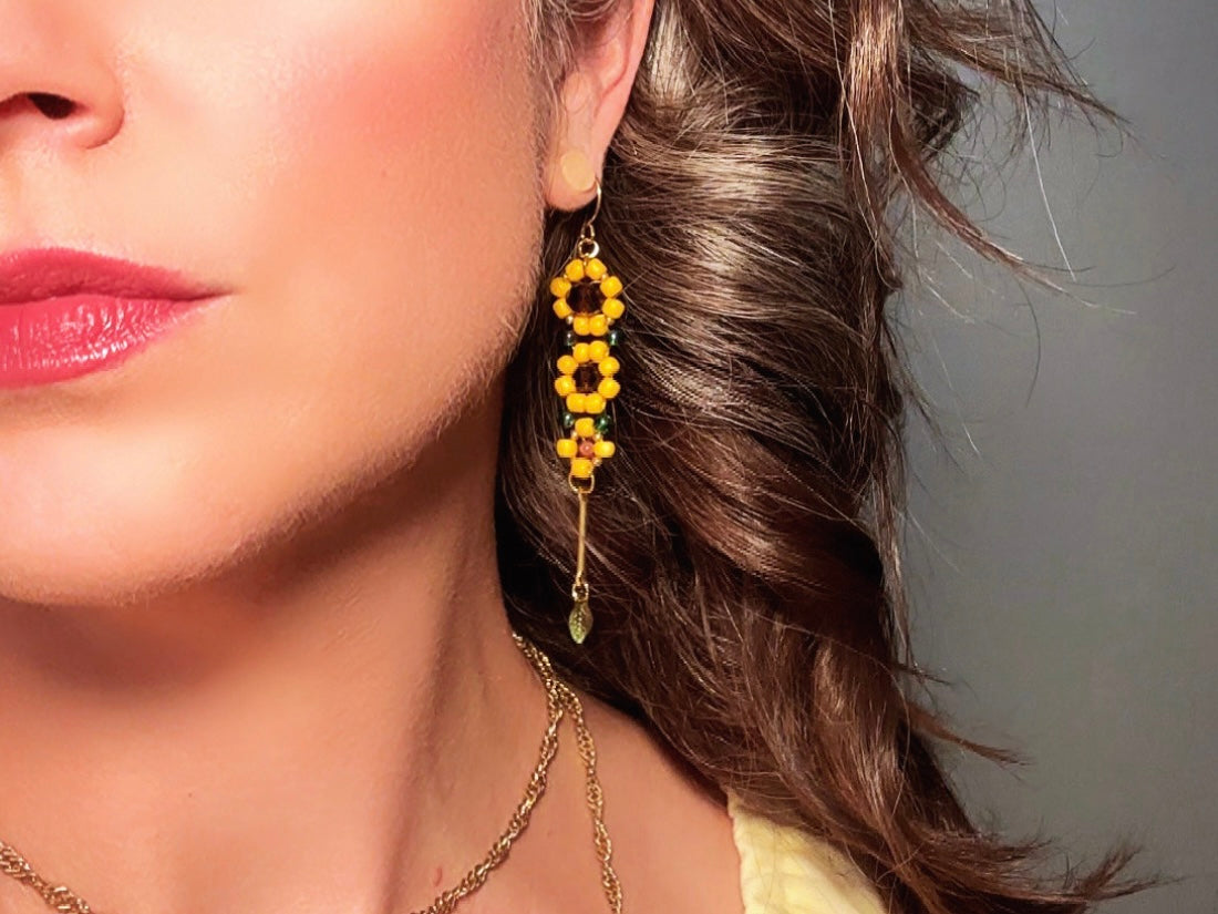 Beaded Sunflower Earrings, Handmade Cascading Yellow Flower Dangle Earrings