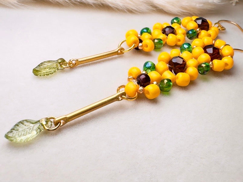 Beaded Sunflower Earrings, Handmade Cascading Yellow Flower Dangle Earrings