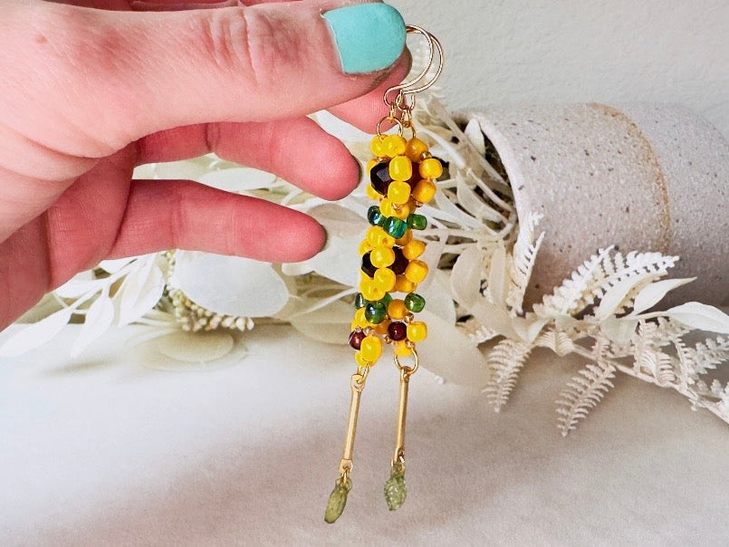 Beaded Sunflower Earrings, Handmade Cascading Yellow Flower Dangle Earrings