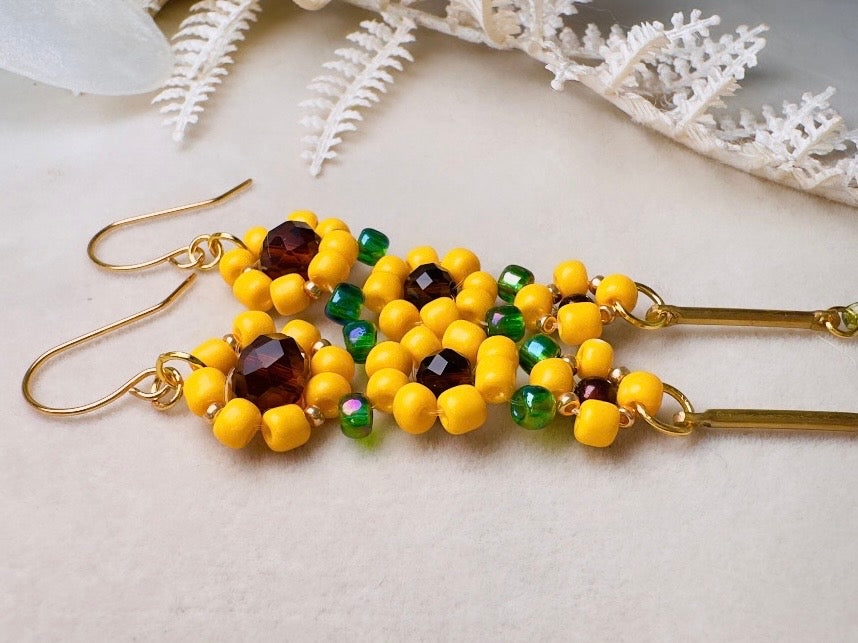 Beaded Sunflower Earrings, Handmade Cascading Yellow Flower Dangle Earrings